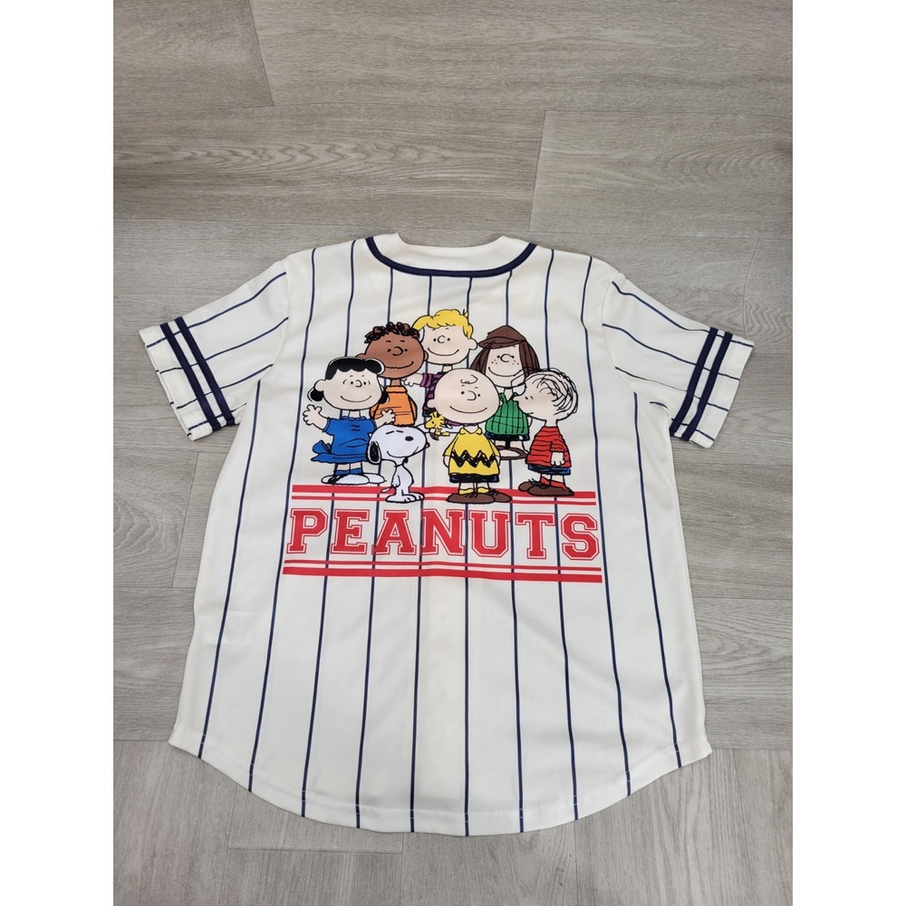 Peanuts Baseball Jersey Men's L Snoopy Charlie Brown Pinstripe Button Up Graphic